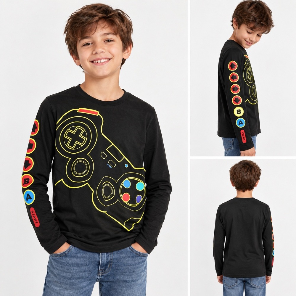 Hollywood The Jean People Boys Black Video Game Controller Long Sleeve Tee 14/16